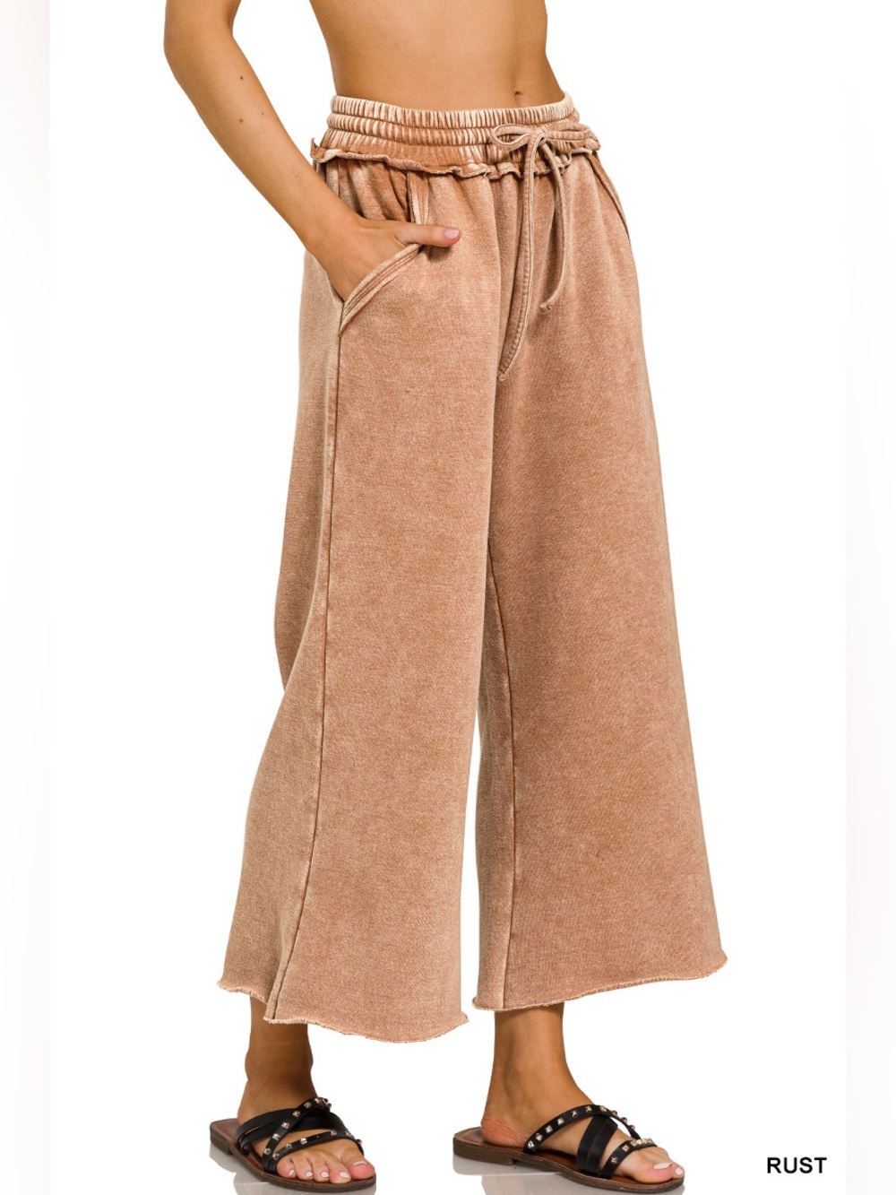 Zenana Rust Acid Wash Fleece Palazzo Sweatpants with Pockets - Picture 2 of 2